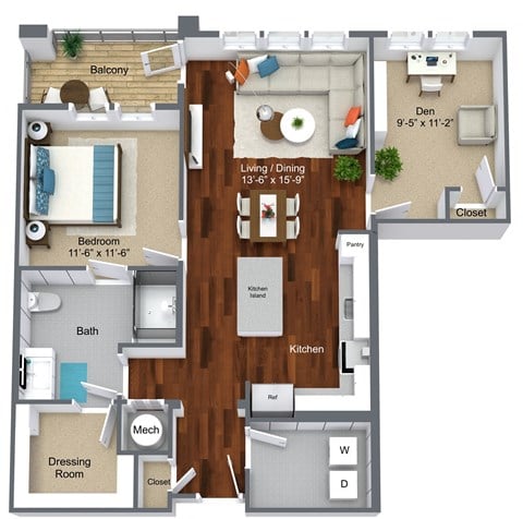Floor plan for 2 beds, 1 bath, 980 sqft